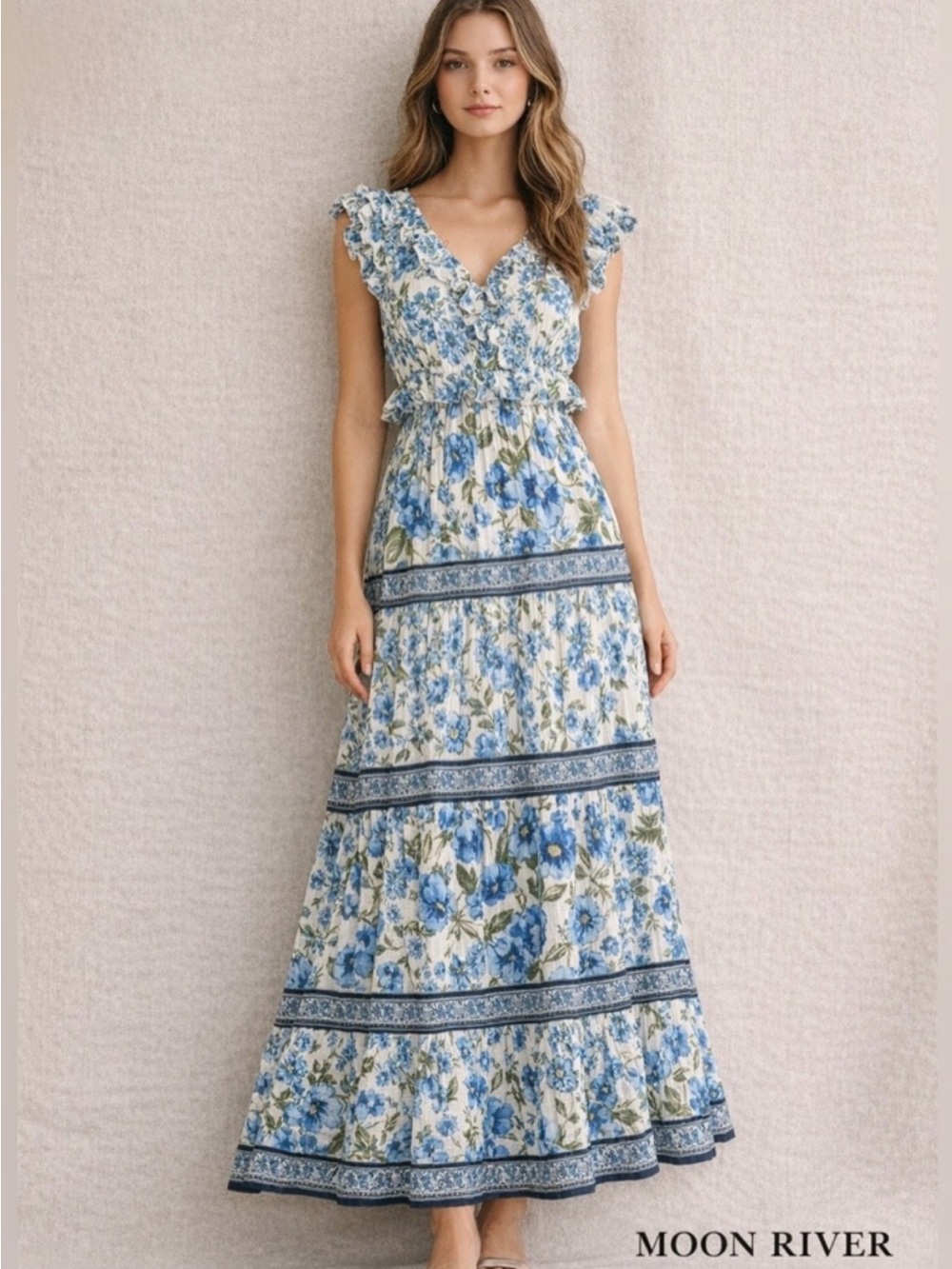 Moon River Blue and White Floral Maxi Dress